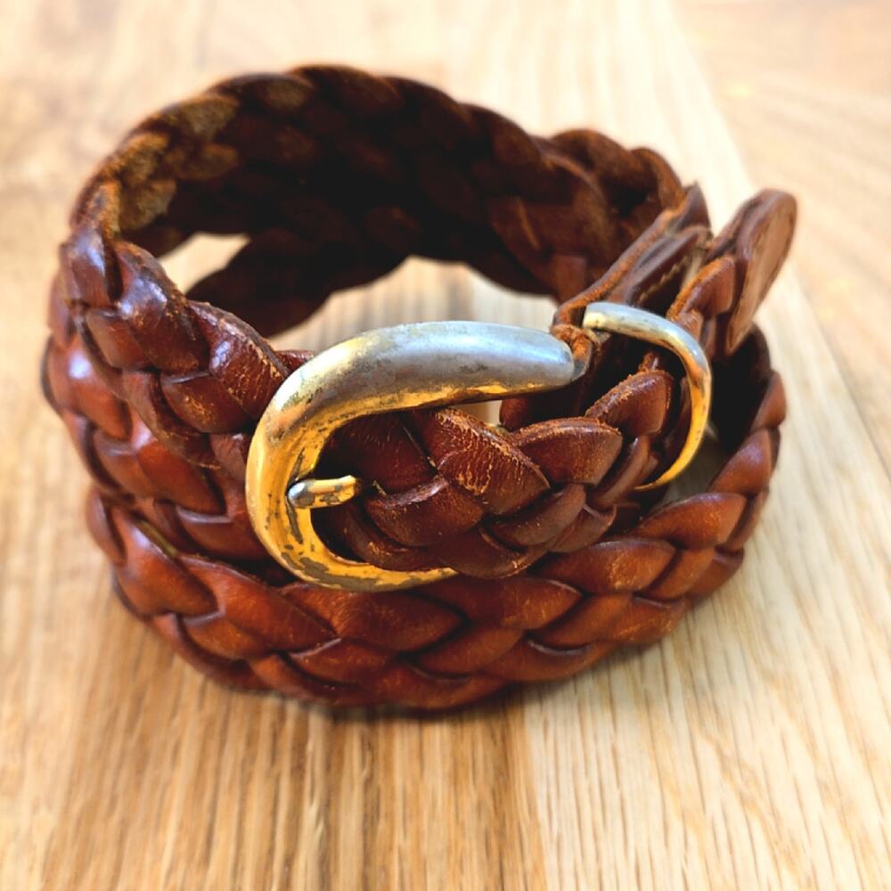 Lands End braided leather belt, Gold toned buckle size 32